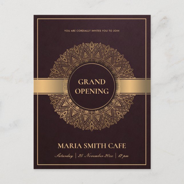 BURGUNDY GOLD VERZIERT MANDALA GRAND ÖFFNUNG EINLA POSTKARTE (Vorderseite)