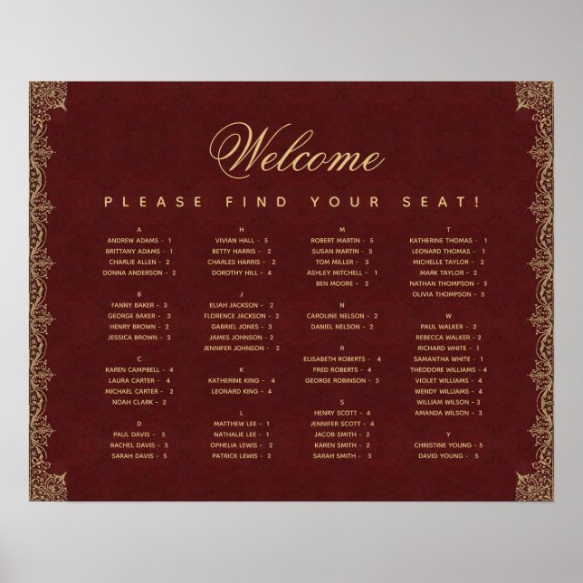 Burgundy Gold Vintage Alphabetisierungstabelle Poster (Vorne)