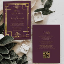 Burgundy Gold Vintage Deko QR Code Wedding