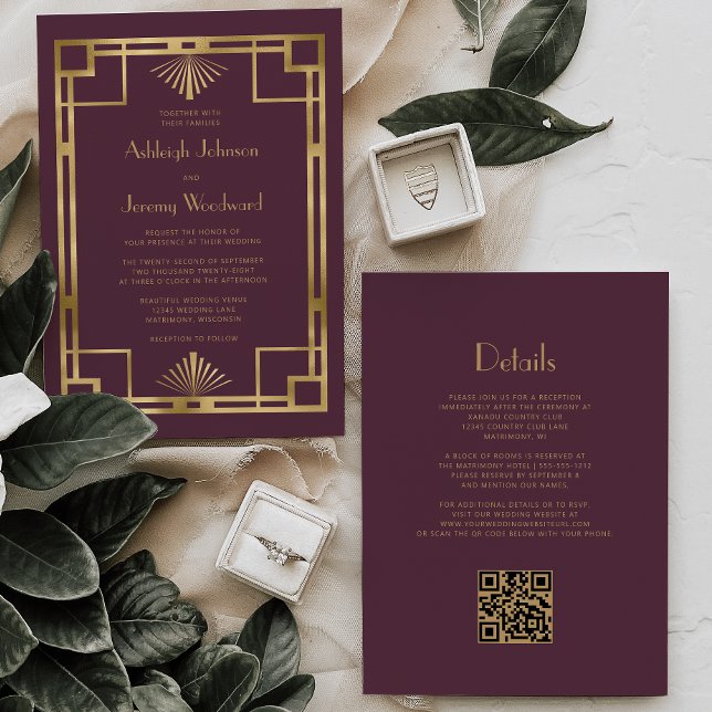 Burgundy Gold Vintage Deko QR Code Wedding Einladung (Von Creator hochgeladen)