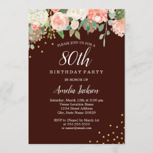 Burgundy Gold Watercolor Floral 80. Geburtstag Einladung