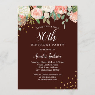 Burgundy Gold Watercolor Floral 80. Geburtstag Einladung