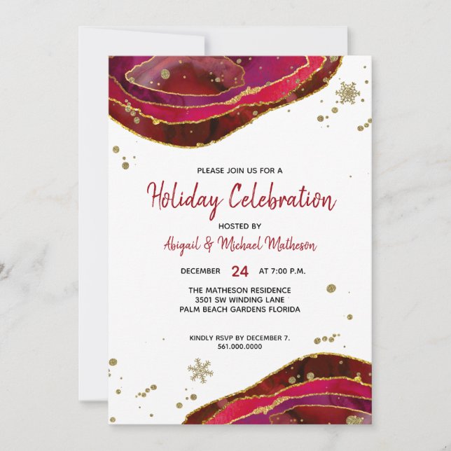 Burgundy Gold Watercolor Geode Agate Holiday Party Einladung (Vorderseite)