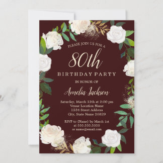 Burgundy Gold Watercolor Wreath 80. Geburtstag Einladung