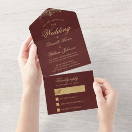 Burgundy Gold Wedding Elegante Kalligraphie Vintag All In One Einladung
