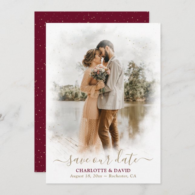 Burgundy Gold Wedding Foto Rette unsere Date Card Save The Date (Vorne/Hinten)