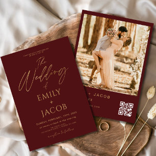 Burgundy Gold Wedding QR Code Foto Script Einladung
