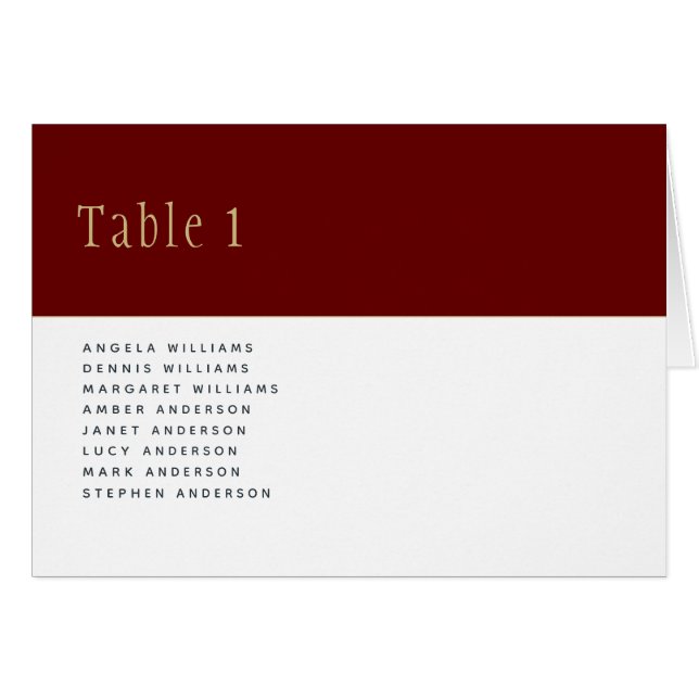 Burgundy Gold Wedding Tischnummer Names (Vorderseite (Horizontal))