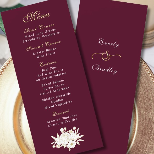 Burgundy Gold White Script Elegant Floral Programm (Von Creator hochgeladen)
