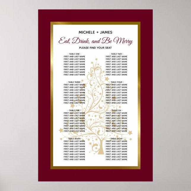 Burgundy Gold Winter Hochzeitstabelle Poster (Vorne)