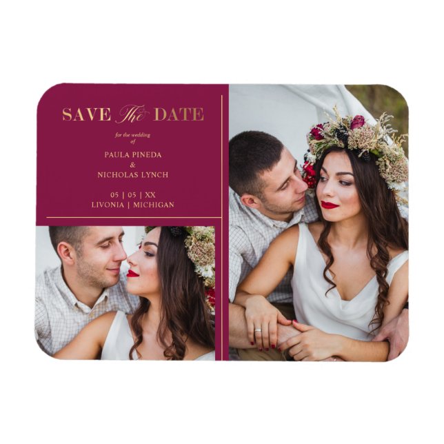 Burgundy Golden 2 Minimalist Wedding Date Magnet (Horizontal)