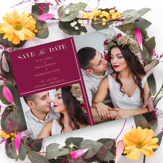Burgundy Golden 2 Photos Fancy Wedding Date Folieneinladung (Burgundy Golden 2 Photos Fancy Wedding Real Metallic Foil Save the Date Card with Envelope.)