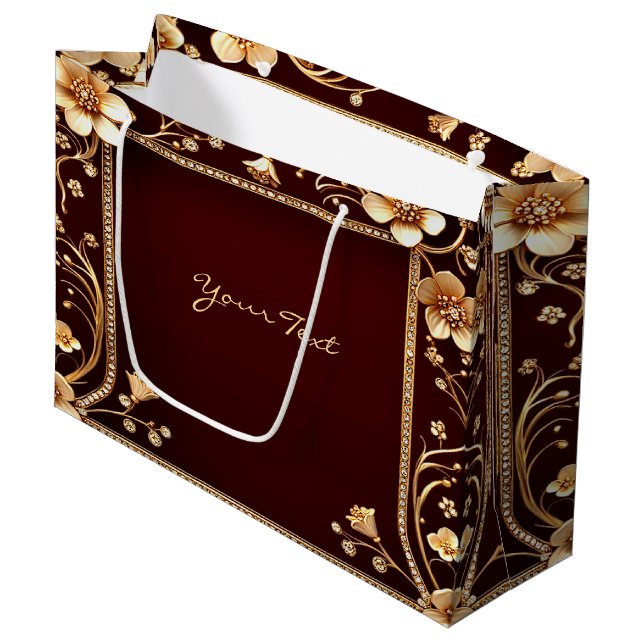 Burgundy Golden Blume Geschenktasche Große Geschenktüte (Vorderseite Schrägansicht)