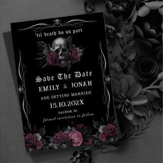 Burgundy Gothic Floral Skull Hochzeit Save the Dat Einladung