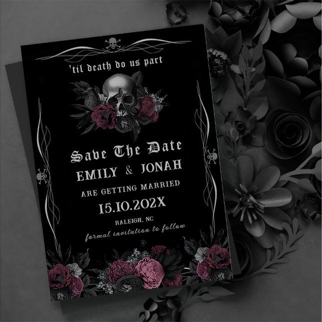 Burgundy Gothic Floral Skull Hochzeit Save the Dat Einladung (Von Creator hochgeladen)