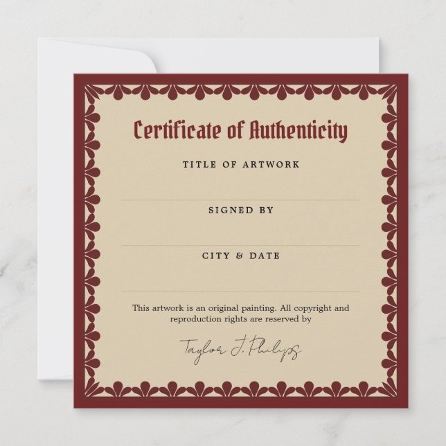 Burgundy Gothic Font Certificate of Authenticity (Vorderseite)