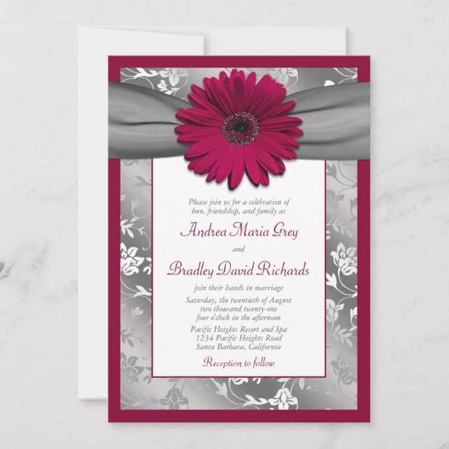 Burgundy Gray Daisy Floral Damask Wedding Einladung (Vorderseite)