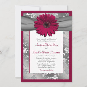 Burgundy Gray Daisy Floral Damask Wedding Einladung