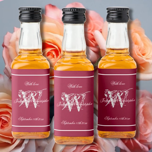 Burgundy & Gray Elegante Monogram Chic Wedding Min Alkoholflaschenetikett (Guests will love them - Burgundy, White & Gray Elegant Script + Monogram Mini Liquor Bottle Labels.)