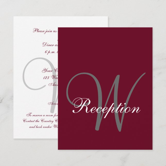Burgundy Gray Monogram Elegant Wedding Empfang Einladung (Vorne/Hinten)