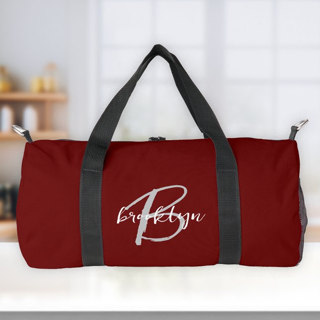 Burgundy Gray White Script Monogram Duffle Bag (Von Creator hochgeladen)