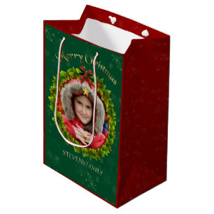 Burgundy & Green Christmas Kranz Foto Frame 2 Mittlere Geschenktüte