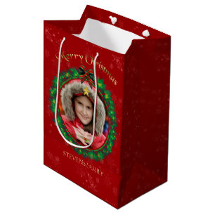 Burgundy & Green Christmas Kranz Foto Mittlere Geschenktüte