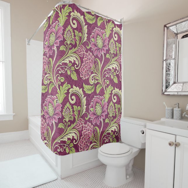 Burgundy & Green Floral Damask Duschvorhang (Beispiel)