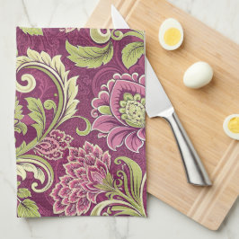 Burgundy & Green Floral Damask Geschirrtuch