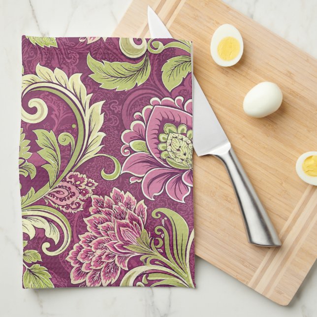 Burgundy & Green Floral Damask Geschirrtuch (Viertel Falte)
