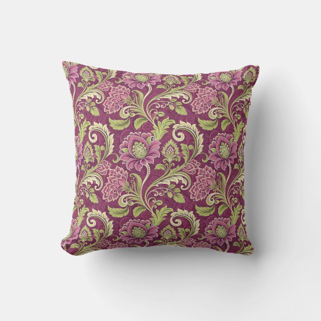 Burgundy & Green Floral Damask Kissen (Vorderseite)