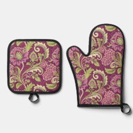 Burgundy & Green Floral Damask Ofenhandschuh & Topflappen-Set