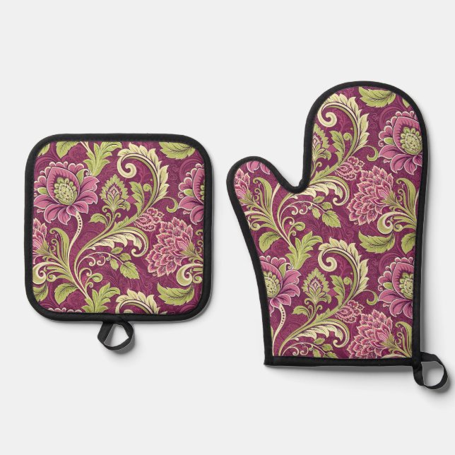 Burgundy & Green Floral Damask Ofenhandschuh & Topflappen-Set (Vorderseite)