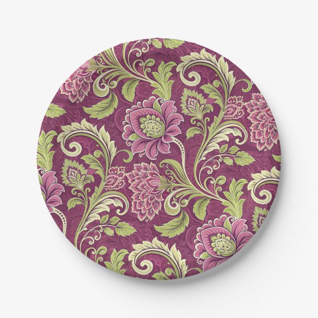 Burgundy & Green Floral Damask Pappteller (Vorderseite)