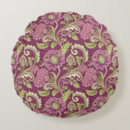 Burgundy & Green Floral Damask Rundes Kissen