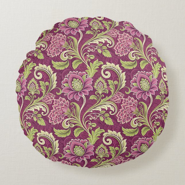 Burgundy & Green Floral Damask Rundes Kissen (Vorderseite)