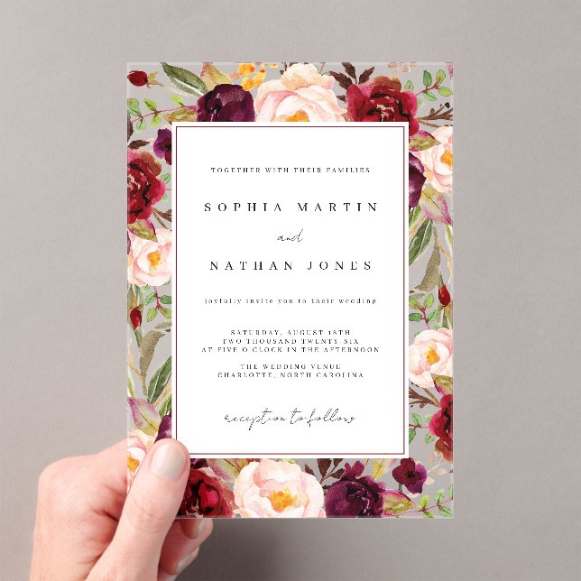 Burgundy Green Floral Leaf Moderne Clear Wedding Acryleinladungen (Insitu (Handheld))
