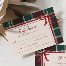 Burgundy Green Plaid Christmas Bow Wedding RSVP Karte