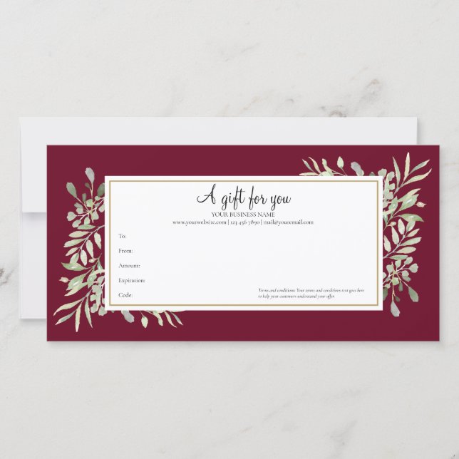 Burgundy Greenery Gold Business Geschenkgutschein (Vorderseite)