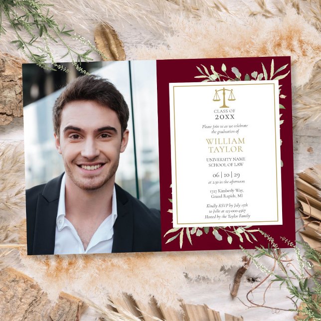 Burgundy Greenery Gold Law School Abschluss Foto Einladung (Burgundy Greenery Gold Law School Graduation Photo Invitation)