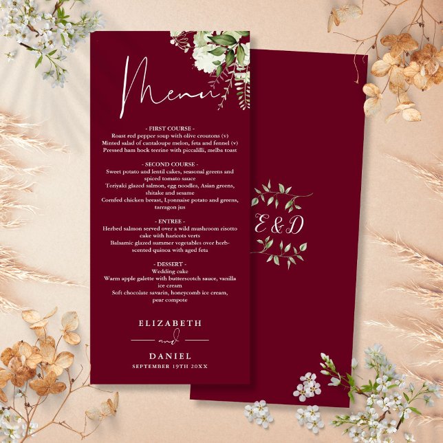 Burgundy Greenery Monogram Wedding Dinner Menükarte (Burgundy Greenery Monogram Wedding Dinner Menu)