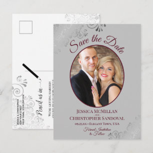 Burgundy & Grey Lace Wedding Save the Date Foto Ankündigungspostkarte