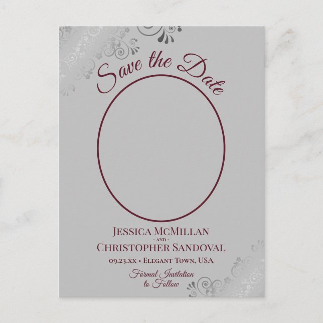 Burgundy & Grey Lace Wedding Save the Date Foto Ankündigungspostkarte (Vorderseite)