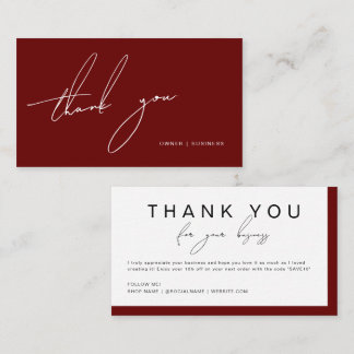 Burgundy Handwritten Script Thank You Discount Visitenkarte