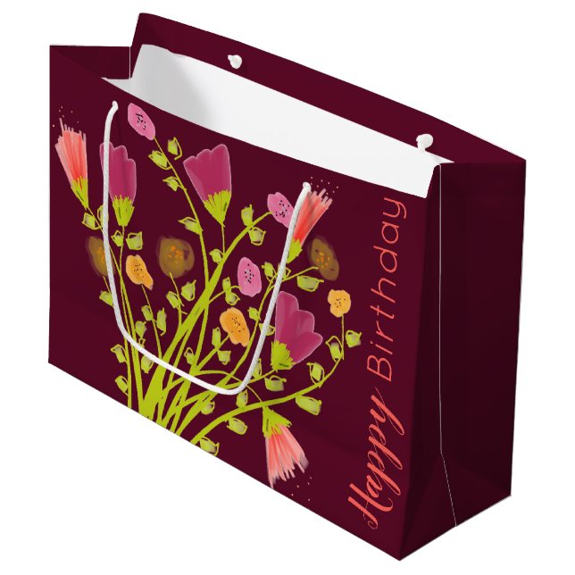 Burgundy Happy Birthday Paper Tote Bag Große Geschenktüte (Vorderseite Schrägansicht)