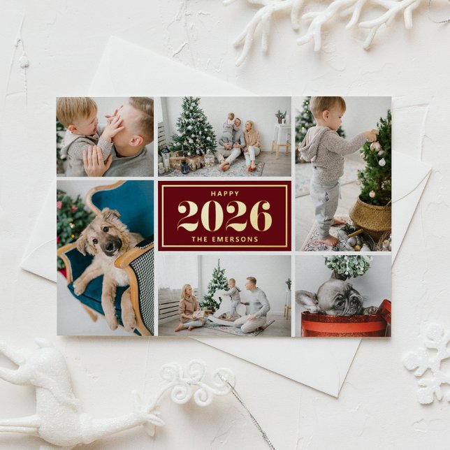 Burgundy Happy New Year 2026 Photo Collage Folien Feiertagskarte (Customizable photo collage New Year card featuring gold foil texts on a burgundy background.)