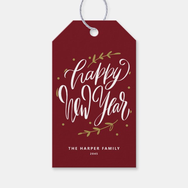 Burgundy Happy New Year Modern Calligraphy Wreath Geschenkanhänger (Vorderseite)