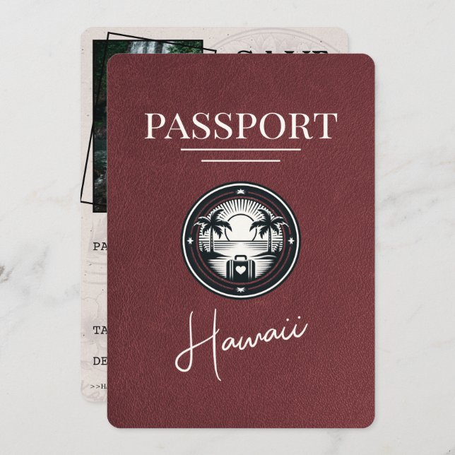 Burgundy Hawaii Passport Save the Date (Vorne/Hinten)