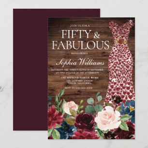 Burgundy Heart Dress Rustic Floral 50. Geburtstag Einladung