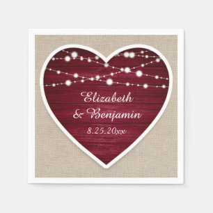 Burgundy Heart String Lights Burlap Wedding Serviette